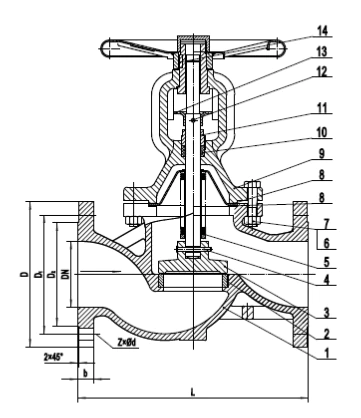Схема Вентиль чугунный с сильфонным уплотнением